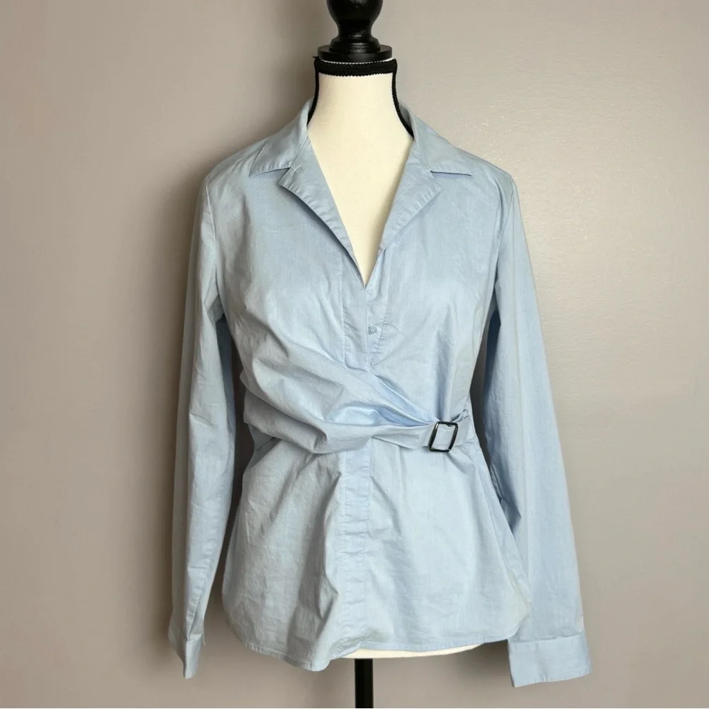 New York & Company light blue wrap buckle blouse size 6/small - Picture 1 of 12